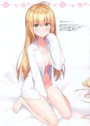 Rule 34 | 1girl, absurdres, barefoot, bed sheet, blonde hair, blush, breasts, cleavage, closed mouth, collarbone, fate (series), full body, green eyes, highres, long hair, looking at viewer, masuishi kinoto, medium breasts, nero claudius (fate), nero claudius (fate) (all), nero claudius (fate/extra), open clothes, open mouth, shirt, simple background, sitting, smile, solo, toes, white background, white shirt