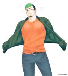 Rule 34 | 1boy, alternate costume, bad id, bad twitter id, bara, black hair, blush, breath, casual, cowboy shot, facial hair, goatee, green eyes, green hair, ikusaba daisuke, jacket, jacket on shoulders, large pectorals, looking at viewer, male focus, multicolored hair, pectorals, simple background, smile, solo, taurus mask, tokyo houkago summoners, unplugged line, upper body, white background