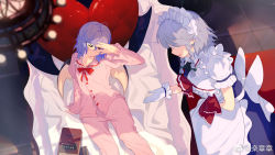 Rule 34 | 2girls, apron, back bow, bat wings, bed, blue skirt, blue vest, blurry, blurry foreground, book, bow, bowtie, breasts, coffin, collarbone, feet out of frame, frilled apron, frilled shirt collar, frilled sleeves, frills, from above, gloves, grey hair, highres, indoors, izayoi sakuya, le zhang zhang, long sleeves, maid, maid headdress, medium hair, messy hair, multiple girls, on bed, one eye closed, open mouth, pajamas, pants, pink pajamas, pink pants, pink shirt, puffy short sleeves, puffy sleeves, purple hair, red bow, red bowtie, red eyes, remilia scarlet, shirt, short hair, short sleeves, skirt, skirt set, small breasts, tile floor, tiles, touhou, vest, waist apron, waking up, weibo logo, weibo watermark, white apron, white bow, white gloves, white shirt, wings