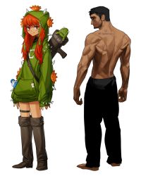 Rule 34 | 1boy, 1girl, back, back tattoo, barefoot, black eyes, black hair, boots, bottle, bright pupils, brown footwear, cactus, closed mouth, creature, dark-skinned male, dark skin, english text, facial hair, flower, green hair, green hoodie, grey background, gun, hair ornament, hairclip, highres, hood, hood up, hoodie, long hair, looking at viewer, multicolored eyes, multicolored hair, muscular, muscular male, orange eyes, orange flower, orange hair, original, red eyes, rinotuna, scratches, sideburns, simple background, sleeves past wrists, smile, spikes, standing, tattoo, thigh strap, water bottle, weapon, weapon on back, white pupils