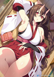 Rule 34 | 1girl, armpits, bare shoulders, blush, braid, braided ponytail, breasts, bridal gauntlets, brown hair, crossed bangs, detached sleeves, hair between eyes, highres, japanese clothes, large breasts, long hair, long sleeves, lying, nontraditional miko, on back, oni, original, parted lips, puuzaki puuna, red eyes, red skirt, sideboob, skirt, solo, thighs, twitter username, white sleeves