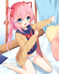 Rule 34 | 1girl, bad id, bad pixiv id, barefoot, bed, blue eyes, blue panties, cardigan, curtains, dressing, hair ornament, hairclip, indoors, long hair, navel, neckerchief, no pants, nufucha, open mouth, original, outstretched arm, panties, pillow, pink hair, red neckerchief, ribbon, school uniform, serafuku, shirt, sitting, skirt, unworn skirt, smile, solo, twintails, underwear, undone neckerchief, window