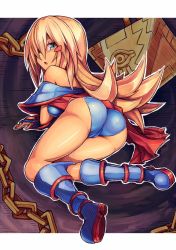Rule 34 | 1girl, ass, back, bare shoulders, blonde hair, blue footwear, blush stickers, boots, cameltoe, chain, cleft of venus, dark magician girl, duel monster, from behind, green eyes, long hair, looking down, millennium puzzle, no headwear, saltydanshark, shiny clothes, solo, yu-gi-oh!, yu-gi-oh! duel monsters