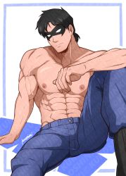 Rule 34 | 1boy, abs, absurdres, artist name, bara, black hair, blue pants, boots, closed mouth, dc comics, dick grayson, domino mask, highres, kuroshinki, large pectorals, looking at viewer, male focus, mask, muscular, muscular male, navel, nightwing, nipples, pants, pectorals, short hair, simple background, sitting, solo, topless male, veins, veiny arms, young justice