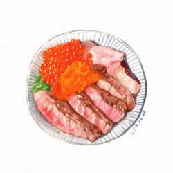 Rule 34 | donburi, fish (food), food, food focus, ikura (food), lisazhou art, meat, no humans, original, plate, simple background, steak, white background