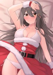 Rule 34 | 1girl, akahi242, bed sheet, belt, belt buckle, black belt, black hair, blush, bra, brown eyes, buckle, capelet, closed mouth, hair between eyes, hair ornament, hairband, hairclip, haruna (kancolle), highres, kantai collection, long hair, panties, pillow, pom pom (clothes), red capelet, santa costume, solo, underwear, white bra, white hairband, white panties, wrist cuffs
