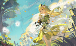 Rule 34 | 1girl, absurdres, al guang, atelier (series), atelier ayesha, ayesha altugle, bare shoulders, blonde hair, blue sky, bow, breasts, cloud, dandelion seed, day, dress, flower, grass, green dress, green headwear, green theme, hair flower, hair ornament, highres, long hair, looking at viewer, medium breasts, mushroom, off-shoulder dress, off shoulder, outdoors, petals, pink flower, ruins, sky, solo, standing, tree, waist bow, wrist cuffs, yellow eyes, yellow flower
