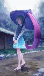 Rule 34 | 1girl, aqua hair, aqua skirt, aqua vest, black footwear, blouse, blue eyes, blush, building, closed mouth, day, fjsmu, forest, frilled shirt collar, frilled sleeves, frills, from below, from side, full body, geta, grass, heterochromia, highres, holding, holding umbrella, ivy, juliet sleeves, karakasa obake, light blush, long sleeves, looking at viewer, looking down, nature, outdoors, path, puddle, puffy sleeves, purple umbrella, rain, red eyes, reflection, road, shirt, short hair, sideways glance, skirt, skirt set, sky, solo, stairs, stone, sunlight, tatara kogasa, tatara kogasa (umbrella), touhou, tree, umbrella, v arms, vest, walking, white shirt, white sky