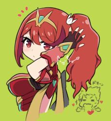 Rule 34 | 1boy, 1girl, alternate hairstyle, black gloves, breasts, chibi, fingerless gloves, gloves, green background, high ponytail, impossible clothes, large breasts, looking at viewer, ma2acworks, medium breasts, pyra (xenoblade), red eyes, red hair, rex (xenoblade), tiara, upper body, xenoblade chronicles (series), xenoblade chronicles 2