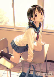 Rule 34 | 1girl, :d, bag, black hair, black sailor collar, black skirt, black socks, breasts, cardigan, chair, commentary request, day, desk, indoors, koutaro, long hair, long sleeves, looking at viewer, low twintails, neckerchief, on chair, on desk, open mouth, original, pleated skirt, red eyes, red neckerchief, sailor collar, school bag, school chair, school desk, school uniform, serafuku, shoes, skirt, sleeves past wrists, small breasts, smile, socks, solo, sunlight, twintails, uwabaki, white cardigan, white footwear, window
