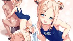 Rule 34 | 1boy, 1girl, abigail williams (fate), ass, bare shoulders, black bow, blonde hair, blue eyes, blue one-piece swimsuit, blush, bow, breasts, clothed female nude male, collarbone, commentary request, fate/grand order, fate (series), hair bow, holding, looking at viewer, milkshakework, nude, one-piece swimsuit, open mouth, orange bow, parted bangs, polka dot, polka dot bow, short hair, simple background, small breasts, swimsuit, white background
