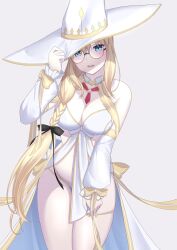 Rule 34 | 1girl, bare shoulders, bikini, blonde hair, blue eyes, blush, braid, breasts, cleavage, detached sleeves, fate/grand order, fate (series), flower, green eyes, hair ornament, hat, highres, holding, large breasts, large hat, long hair, looking at viewer, morgan le fay (water princess) (fate), natu zame, smile, solo, swimsuit, aesc (fate), very long hair, white bikini, witch hat
