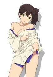 Rule 34 | 10s, 1girl, akitetsu, bad id, bad twitter id, bare shoulders, breasts, brown hair, cleavage, clothes lift, highres, japanese clothes, kaga (kancolle), kantai collection, large breasts, partially undressed, short hair, side ponytail, simple background, skirt, skirt lift, solo, white background