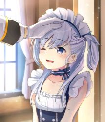 Rule 34 | 1girl, azur lane, belfast (azur lane), blue bow, blush, bow, braid, collarbone, commander (azur lane), commentary, english commentary, flat chest, gloves, grey eyes, grey hair, hand on another&#039;s head, headpat, little bel (azur lane), long hair, looking at another, maid headdress, one eye closed, open mouth, out of frame, pantsu majirou, solo focus, wavy mouth, white gloves
