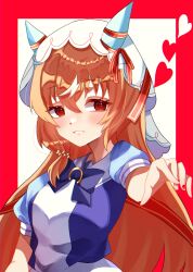 Rule 34 | 1girl, absurdres, animal ears, blush, breasts, brown hair, commentary request, disney o626, hair between eyes, hair ornament, heart, highres, horse ears, horse girl, portrait, reaching, reaching towards viewer, red eyes, school uniform, simple background, small breasts, solo, still in love (umamusume), tracen school uniform, umamusume, veil