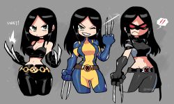 Rule 34 | absurdres, belt, black gloves, blue gloves, bodysuit, breasts, claw (weapon), claws, cleavage, crop top, cropped legs, frown, gloves, highres, leather, leather pants, long hair, marvel, mask, medium breasts, multiple persona, navel, official alternate costume, pants, rariatto (ganguri), smile, sound effects, stomach, superhero costume, weapon, x-23, x-men