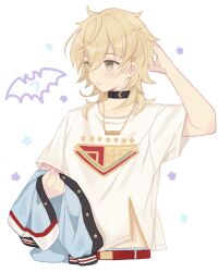 Rule 34 | 1boy, arm behind head, bat (animal), belt, blonde hair, blush, brown eyes, collar, cropped torso, ensemble stars!, hakaze kaoru, highres, holding, holding clothes, holding jacket, jacket, unworn jacket, jewelry, looking to the side, male focus, midriff, necklace, parted lips, print shirt, rorol, shirt, short sleeves, solo, star (symbol), t-shirt, upper body