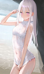 Rule 34 | 1girl, bare arms, bare shoulders, blush, breasts, covered navel, female focus, hair between eyes, hand up, highres, long hair, looking at viewer, mignon, one-piece swimsuit, original, pink eyes, see-through, shiro-chan (mignon), small breasts, solo, straight hair, swimsuit, water, wet, wet clothes, wet swimsuit, white hair, white one-piece swimsuit
