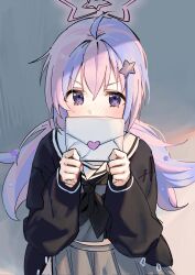 Rule 34 | 1girl, ahoge, black jacket, black neckerchief, blue archive, blue eyes, blush, corrupted twitter file, covering own mouth, envelope, grey skirt, hair ornament, halo, hands up, heart, highres, holding, holding envelope, jacket, letter, love letter, multicolored hair, neckerchief, pink hair, pleated skirt, purple eyes, purple hair, reisa (blue archive), sailor collar, skirt, solo, star (symbol), star hair ornament, syhan, twintails