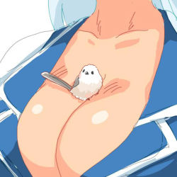 1girl between_breasts bird blue_dress breasts cleavage close-up collarbone dress female_focus kamishirasawa_keine large_breasts long-tailed_tit mitsumoto_jouji name_connection object_namesake pun silver_hair solo tit_(bird) touhou upper_body