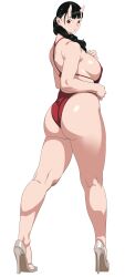Rule 34 | 1girl, absurdres, anigoka, ass, black hair, breasts, brown eyes, dungeon meshi, full body, high heels, highres, horns, inutade, large breasts, looking back, one-piece swimsuit, oni, red one-piece swimsuit, swimsuit, thighs, white background