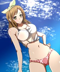 Rule 34 | 10s, 1girl, :o, bare shoulders, bikini, bikini bottom only, blue sky, blush, bow, breasts, brown hair, cleavage, cloud, cowboy shot, crop top, dutch angle, from below, glasslip, hair bow, hair ornament, hairband, hand on own hip, highres, large breasts, long hair, looking at viewer, narrow waist, navel, panties, shirt, sky, smile, solo, swept bangs, swimsuit, takayama yanagi, tank top, taut clothes, taut shirt, tranquilizer (bestcenter), umbrella, underwear, white shirt, yellow eyes