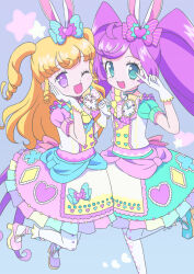 Rule 34 | 2girls, :d, ;d, ahoge, animal ears, blonde hair, blue background, blue bow, blue eyes, bow, commentary request, dress, fake animal ears, full body, gloves, hair bow, hand on own cheek, hand on own face, hands up, holding hands, idol clothes, idol time pripara, jumping, ku (residual666), long hair, looking at viewer, manaka laala, multiple girls, one eye closed, open mouth, pink bow, pink dress, pink footwear, pretty series, print dress, pripara, puffy short sleeves, puffy sleeves, purple eyes, purple hair, rabbit ears, ringlets, shoes, short sleeves, smile, standing, standing on one leg, star (symbol), twintails, two side up, very long hair, white gloves, yumekawa yui