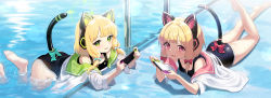 Rule 34 | 2girls, :d, absurdres, animal ear headphones, animal ear headwear, animal ears, ass, bada (jksh5056), bare legs, bare shoulders, barefoot, black one-piece swimsuit, blonde hair, blue archive, blue bow, blush, bow, breasts, day, fake animal ears, green eyes, green sailor collar, hair bow, halo, headphones, highres, holding, incredibly absurdres, long hair, long sleeves, looking at viewer, lying, midori (blue archive), momoi (blue archive), multiple girls, nintendo switch, on stomach, one-piece swimsuit, open clothes, open mouth, open shirt, outdoors, pink sailor collar, purple eyes, red bow, sailor collar, shirt, short sleeves, siblings, sidelocks, sisters, small breasts, smile, soles, swimsuit, swimsuit under clothes, tail, tears, thighs, twins, water, white shirt