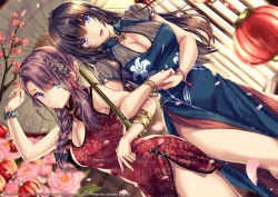 Rule 34 | 2girls, :d, azur lane, black hair, blue dress, blue eyes, bracelet, braid, branch, breasts, brown hair, china dress, chinese clothes, cleavage, commentary request, curacoa (azur lane), curacoa (eastern grace) (azur lane), curlew (azur lane), curlew (rhythm of the dragon empery) (azur lane), dress, dutch angle, flower, hair between eyes, hair ornament, highres, jewelry, lantern, large breasts, locked arms, long sleeves, looking at viewer, monety, multiple girls, official alternate costume, oil-paper umbrella, open mouth, paper lantern, red dress, short sleeves, side slit, sleeveless, sleeveless dress, smile, thighs, umbrella, watermark