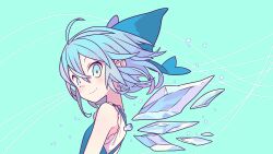 Rule 34 | 1girl, absurdres, adapted costume, ahoge, aqua background, bare shoulders, blue bow, blue dress, blue eyes, blue hair, bow, breasts, cirno, closed mouth, derivative work, detached wings, dress, from side, hair between eyes, hair bow, highres, ice, ice wings, looking at viewer, looking to the side, medium hair, messy hair, morino hon, pinafore dress, shirt, simple background, sleeveless dress, small breasts, smile, solo, touhou, upper body, vector trace, white shirt, wings