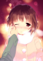 Rule 34 | 1girl, blush, brown eyes, brown hair, earrings, hand on another&#039;s cheek, hand on another&#039;s face, hand on own face, jewelry, lens flare, looking at viewer, one eye closed, ooba kagerou, open mouth, original, pov, scarf, short hair, solo focus, stud earrings, sweater, white scarf, wink