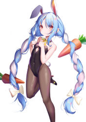Rule 34 | 1girl, absurdres, amaroku neko, animal ears, bare shoulders, black gloves, blue hair, blush, bow, braid, breasts, carrot, carrot hair ornament, collarbone, commentary request, food-themed hair ornament, gloves, hair ornament, highres, hololive, leotard, long hair, looking at viewer, multicolored hair, pantyhose, playboy bunny, rabbit ears, rabbit girl, rabbit tail, red eyes, ribbon, simple background, smile, solo, twin braids, two-tone hair, usada pekora, usada pekora (1st costume), virtual youtuber, white background, white hair, yellow ribbon