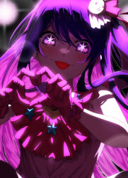 Rule 34 | 1girl, blush, brooch, commentary, dress, frilled dress, frilled gloves, frills, gloves, hair between eyes, hair ornament, hair ribbon, heart, heart brooch, heart hands, hoshino ai (oshi no ko), idol, idol clothes, jewelry, light particles, one side up, oshi no ko, pink dress, pink gloves, pink ribbon, purple eyes, purple hair, rabbit hair ornament, ribbon, sidelocks, solo, star-shaped pupils, star (symbol), symbol-shaped pupils, takotobuta, tongue, tongue out