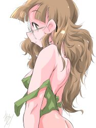 Rule 34 | 1girl, alternate hairstyle, artist name, azechi kiyochi, back, breasts, brown eyes, brown hair, butt crack, closed mouth, from side, girls und panzer, glasses, green tank top, hair down, highres, long hair, looking at viewer, messy hair, oono aya, signature, simple background, small breasts, smile, solo, strap slip, tank top, upper body, white background