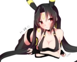 Rule 34 | 1girl, animal ears, black gloves, black hair, black thighhighs, breasts, creatures (company), dated, earrings, fingerless gloves, game freak, gen 2 pokemon, gloves, hoop earrings, jewelry, large breasts, long hair, looking at viewer, lying, nintendo, on stomach, personification, pokemon, red eyes, solo, thighhighs, twintails, umbreon, very long hair, white background, zinpati