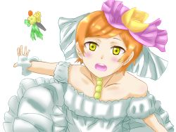 Rule 34 | 1girl, artist name, artist request, back bow, bare shoulders, bow, breasts, cherry blossoms, choker, cleavage, collarbone, dress, earrings, female focus, flower, gloves, green eyes, hair between eyes, hair flower, hair ornament, highres, hoshizora rin, jewelry, looking at viewer, love live!, love live! school idol festival, love live! school idol project, love wing bell, microphone, muttiripurinn, orange flower, orange hair, outstretched arms, parted lips, pink bow, pom pom (clothes), pom pom hair ornament, short dress, short hair, skirt, sleeveless, sleeveless dress, small breasts, smile, solo, strapless, strapless dress, veil, white background, white choker, white dress, white gloves, white skirt, white veil, yellow eyes, yellow flower