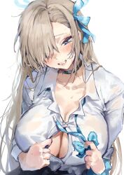 Rule 34 | 1girl, asuna (blue archive), black skirt, blue archive, blue eyes, blush, bow, bowtie, breasts, choker, cleavage, collarbone, collared shirt, grin, hair ribbon, halo, highres, huge breasts, inusaka, large breasts, light brown hair, long hair, long sleeves, looking at viewer, open clothes, open shirt, ribbon, school uniform, shirt, simple background, skirt, smile, solo, sweat, traditional bowtie, upper body, white background, white shirt
