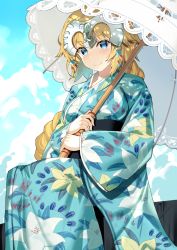 Rule 34 | 1girl, akae neo, blonde hair, blue eyes, blue kimono, blue sky, blush, braid, breasts, closed mouth, cloud, commentary request, day, fate/grand order, fate (series), floral print, headpiece, highres, holding, holding umbrella, japanese clothes, jeanne d&#039;arc (anniversary heroines) (fate), jeanne d&#039;arc (fate), jeanne d&#039;arc (ruler) (fate), kimono, long hair, long sleeves, looking at viewer, medium breasts, obi, outdoors, print kimono, sash, single braid, sitting, sky, sleeves past wrists, smile, solo, umbrella, very long hair, white umbrella, wide sleeves
