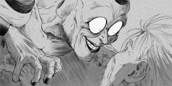 Rule 34 | 2boys, beard, constricted pupils, crazy eyes, crazy grin, crazy smile, dragon ball, dragonball z, eye contact, facial hair, frieza, greyscale, grin, jorongbak, king vegeta, looking at another, male focus, monochrome, multiple boys, parody, smile, the lion king