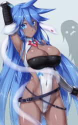 Rule 34 | 1girl, arm at side, arm guards, arm up, armpits, bare shoulders, belt, belt buckle, black gloves, blue eyes, blue hair, blush, breasts, buckle, cameltoe, cleavage, cleavage cutout, closed mouth, clothing cutout, cocytus (wind master), covered navel, cowboy shot, dark-skinned female, dark skin, eyes visible through hair, fingerless gloves, gloves, gluteal fold, grey background, hair between eyes, highleg, highleg leotard, highres, large breasts, leotard, long hair, midriff, original, partially visible vulva, simple background, skindentation, snake, solo focus, spiked hair, standing, thighs, transparent, very long hair, white leotard