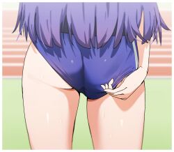 1girl adjusting_buruma adjusting_clothes ass ass_focus black_shirt blue_archive blue_buruma blue_hair buruma from_behind gym_uniform hage_(subhage1) highres long_hair lower_body outdoors running_track shirt solo sweat thighs track_and_field yuuka_(blue_archive) yuuka_(track)_(blue_archive)