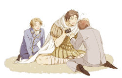 Rule 34 | 3boys, ahoge, alternate costume, arm support, arm up, armor, axis powers hetalia, bad id, bad pixiv id, bandages, beard, beard stubble, blush, blush stickers, brothers, brown hair, camera, cape, closed eyes, embarrassed, facial hair, formal, from behind, grandfather and grandson, hand on another&#039;s head, happy, headpat, heart, indian style, jacket, kneeling, leaning, leaning forward, male focus, multiple boys, northern italy (hetalia), open mouth, pants, parted bangs, rome (hetalia), sandals, short hair, siblings, simple background, sitting, snake mike, southern italy (hetalia), stubble
