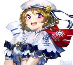 Rule 34 | 1girl, :d, artist name, blonde hair, blush, capelet, commentary request, flag, frilled gloves, frills, gloves, hands up, hat, holding, holding flag, koizumi hanayo, looking at viewer, love live!, love live! school idol festival, love live! school idol project, marshall (wahooo), open mouth, purple eyes, shirt, sidelocks, simple background, smile, solo, star (symbol), upper body, white background, white capelet, white gloves, white hat, white shirt, wrist cuffs