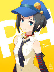 Rule 34 | 1girl, arm warmers, bad id, bad pixiv id, bare shoulders, black hair, black necktie, blue eyes, blue hat, breasts, collar, collared shirt, copyright name, hat, looking at viewer, marie (persona 4), necktie, peaked cap, persona, persona 4, persona 4 the golden, red collar, safety pin, shirt, short hair, sleeveless, sleeveless shirt, small breasts, solo, uccow, upper body, white shirt, yellow background