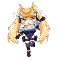Rule 34 | 1girl, :d, amearare, armor, black leotard, black thighhighs, blonde hair, blue eyes, blush stickers, chibi, goddess of victory: nikke, heart, idoll sun (nikke), leotard, mass-produced nikke, open mouth, pouch, shoulder armor, skin tight, smile, solo, thigh pouch, thighhighs, twintails, visor (armor)