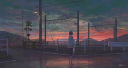 Rule 34 | 1girl, bob cut, closed umbrella, cloud, cloudy sky, commentary, dusk, facing away, feel (nasitaki), fence, from behind, guard rail, highres, hill, holding, holding umbrella, hood, hood down, hoodie, long sleeves, mountainous horizon, original, outdoors, overhead line, pantyhose, pleated skirt, power lines, railroad crossing, railroad tracks, reflection, road, shoes, short hair, signature, skirt, sky, solo, umbrella, utility pole, wide shot