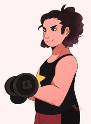 Rule 34 | 1boy, aged up, exercising, harumi (artist), male focus, simple background, solo, steven quartz universe, steven universe, weightlifting, weights