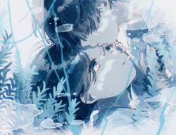 Rule 34 | 1boy, 1other, amenojaku, artist name, black hair, blue eyes, blue theme, bubble, close-up, closed mouth, commentary request, crying, crying with eyes open, hair over eyes, hand on another&#039;s chest, looking at another, open mouth, original, parted bangs, plant, short hair, signature, tears, underwear, upper body