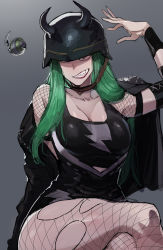 Rule 34 | 1girl, black jacket, black shirt, breasts, brown eyes, cleavage, commentary, crossed legs, english commentary, explosive, fake horns, fishnet pantyhose, fishnet top, fishnets, green hair, grenade, grin, hand up, helmet, highres, horned helmet, horns, jacket, jacket on shoulders, large breasts, lipstick, long hair, looking at viewer, makeup, pantyhose, ratatatat74, real life, red lips, shirt, shotzi blackheart, shoulder spikes, sitting, smile, solo, spikes, torn clothes, torn pantyhose, wristband, wwe
