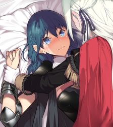 Rule 34 | 2girls, armor, blue eyes, blue hair, blush, breasts, byleth (female) (fire emblem), byleth (fire emblem), cape, closed mouth, commentary request, edelgard von hresvelg, fire emblem, fire emblem: three houses, garreg mach monastery uniform, gloves, hair between eyes, hair ribbon, highres, holding another&#039;s wrist, lips, long hair, long sleeves, lying, multiple girls, nintendo, on back, pillow, purple ribbon, red cape, ribbon, sweatdrop, uniform, upper body, white hair, yappen, yuri